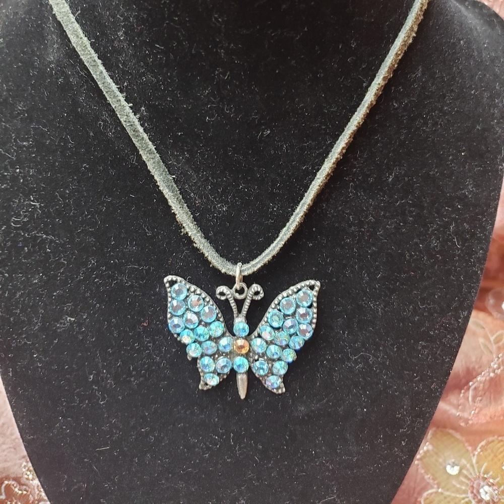 Blue crystal butterfly necklace.